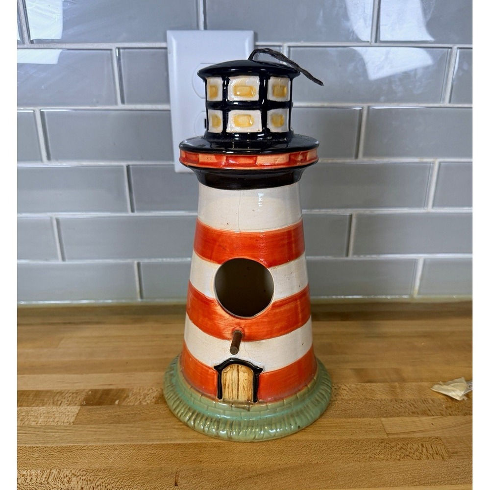 Lighthouse Ceramic Bird House Tea Light Holder Red White Stripe Nautical 9in